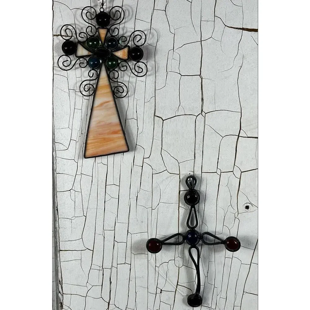 Set of 7 Stained Glass Cobalt Blue Snowflake Ornaments 4 Handmade Angel &Crosses